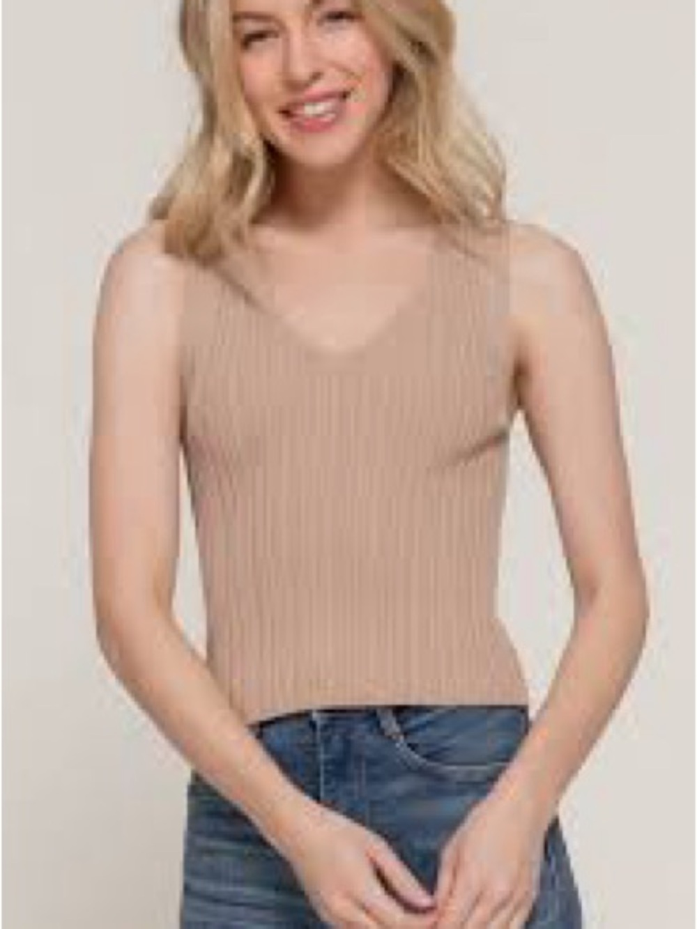 Active USA Ribbed V-Neck Tank Top - Blush Beige